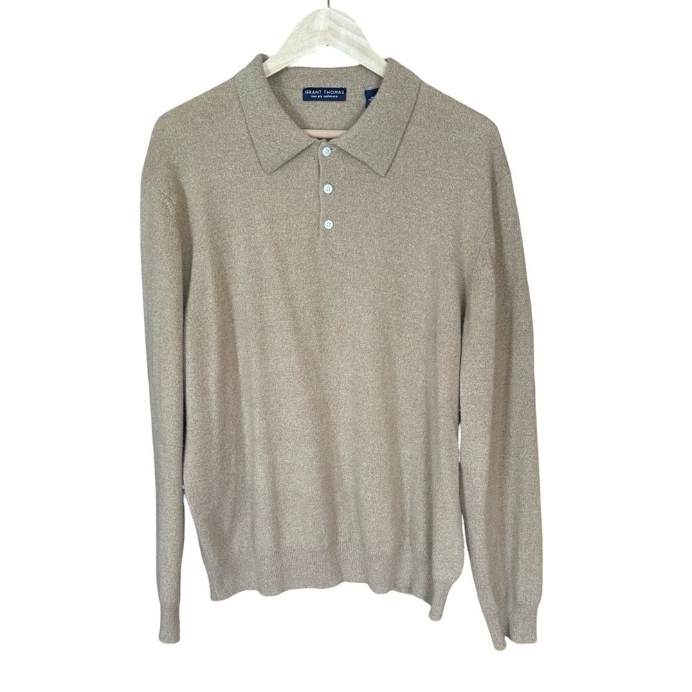 Grant Thomas Sweater Polo Mens Large Beige 100% Cashmere Collared Pullover XL